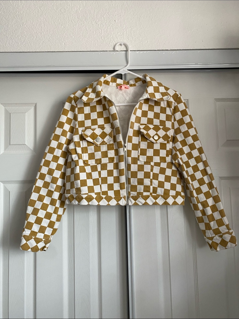 🌼 re:named Mustard and White Checkerboard Cropped Jean Jacket